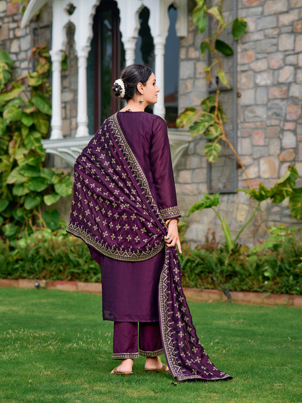 Embroidered Kurta With Pant & Embroidered Dupatta, Purple - Hiral Fashion | Grocsy
