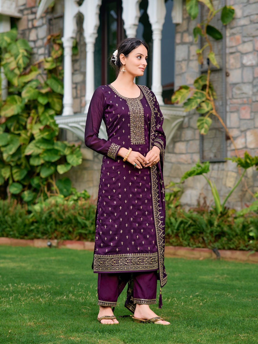 Embroidered Kurta With Pant & Embroidered Dupatta, Purple - Hiral Fashion | Grocsy