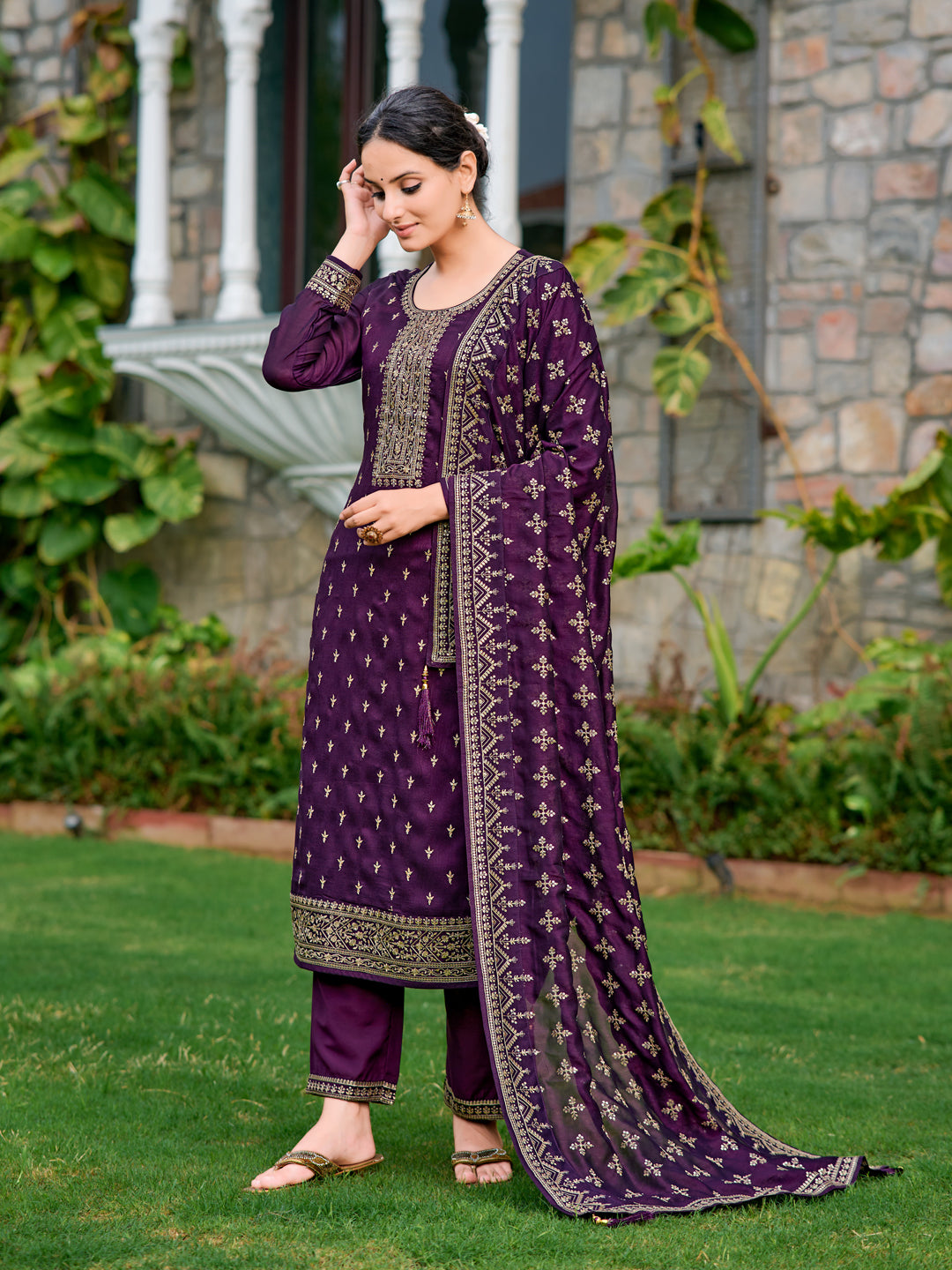 Embroidered Kurta With Pant & Embroidered Dupatta, Purple - Hiral Fashion | Grocsy