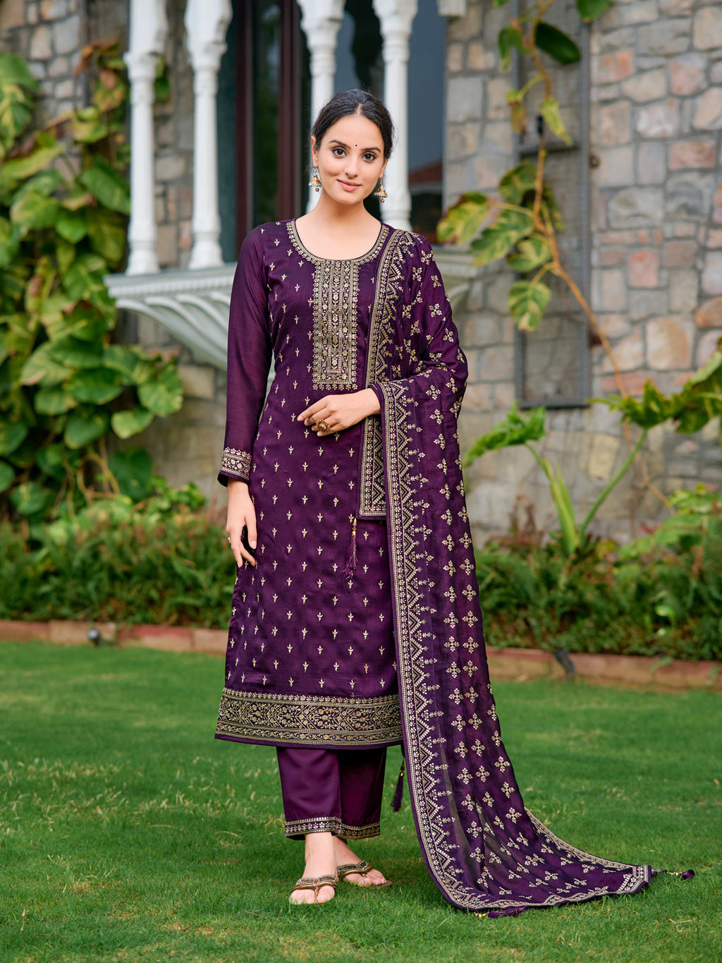 Embroidered Kurta With Pant & Embroidered Dupatta, Purple - Hiral Fashion | Grocsy