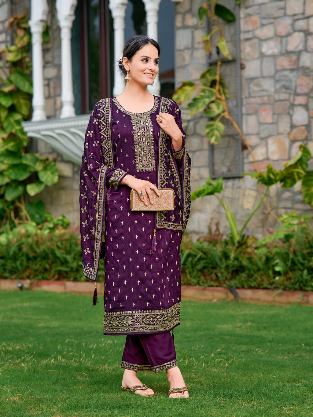 Embroidered Kurta With Pant & Embroidered Dupatta, Purple - Hiral Fashion | Grocsy