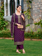 Embroidered Kurta With Pant & Embroidered Dupatta, Purple - Hiral Fashion | Grocsy