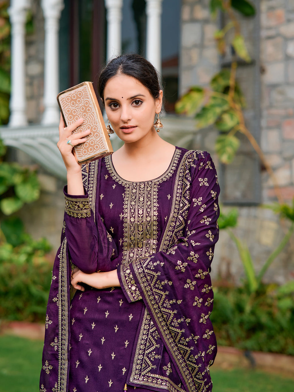 Embroidered Kurta With Pant & Embroidered Dupatta, Purple - Hiral Fashion | Grocsy