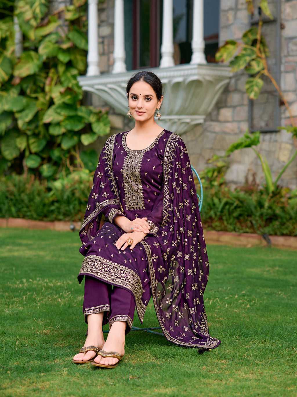 Embroidered Kurta With Pant & Embroidered Dupatta, Purple - Hiral Fashion | Grocsy