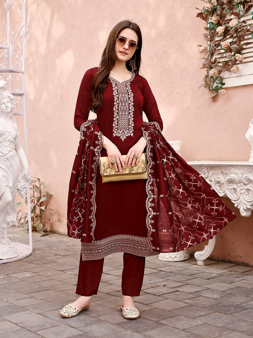 Sequinned Embroidered Kurta With Pant & Embroidered Dupatta Premium, Multicolor - Hiral Fashion | Grocsy
