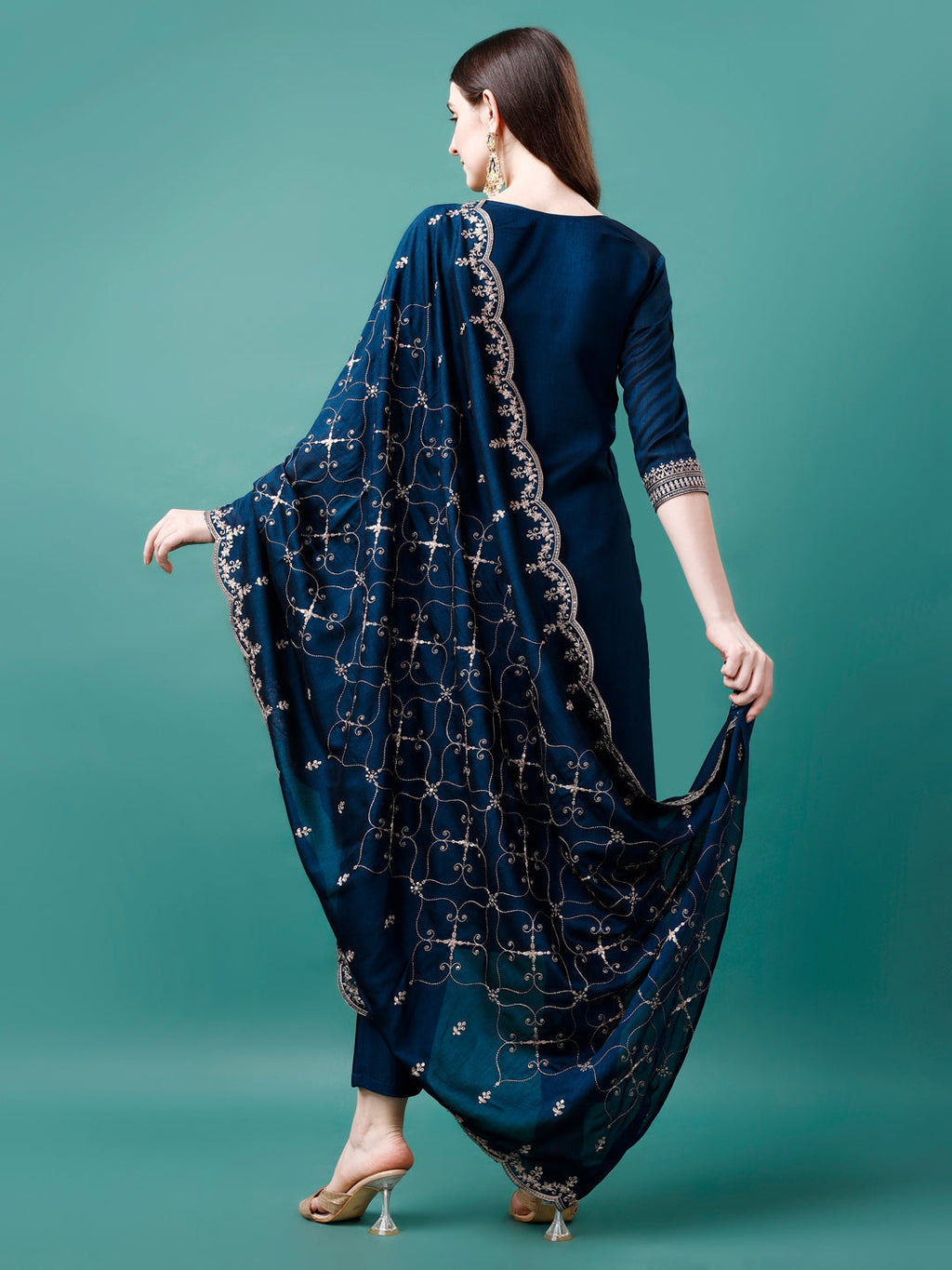 Sequined Embroidered Straight Kurta With Trousers & With Embroidered Dupatta Premium Luxury, Multicolor - Hiral Fashion | Grocsy