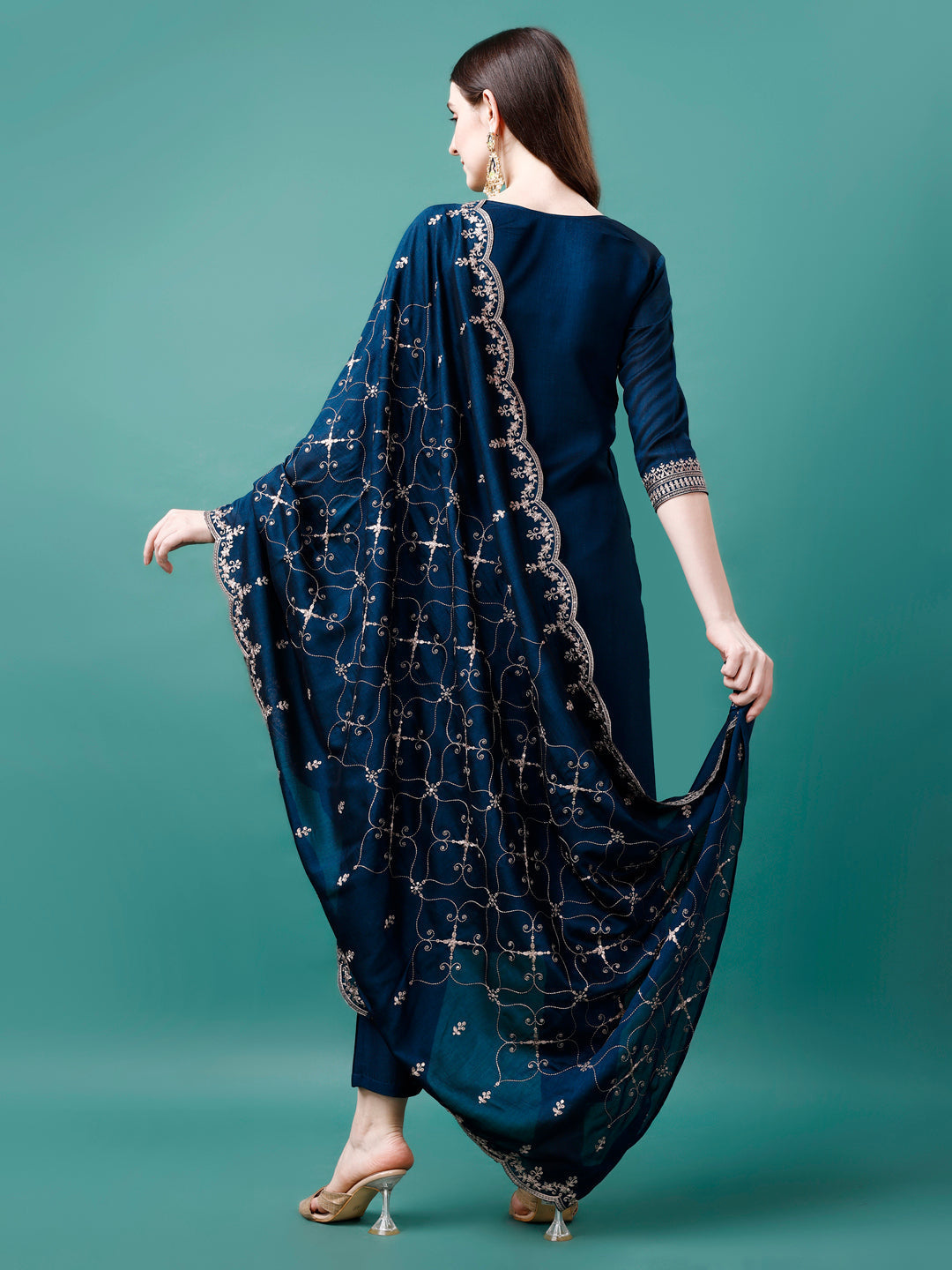 Sequined Embroidered Straight Kurta With Trousers & With Embroidered Dupatta Premium Luxury, Multicolor - Hiral Fashion | Grocsy