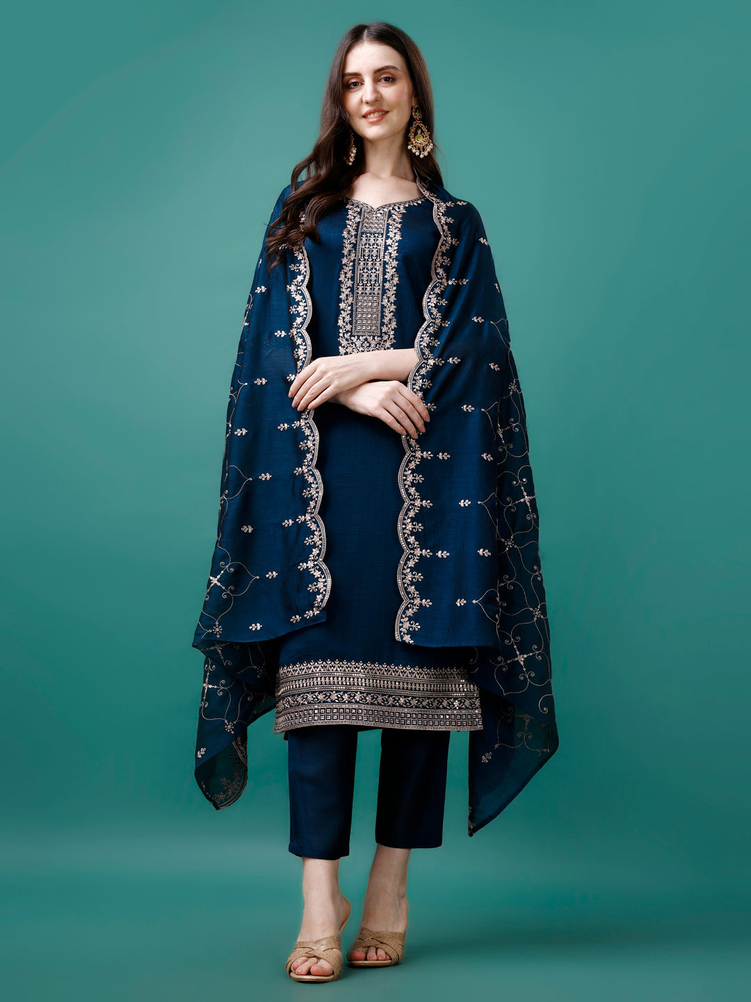 Sequined Embroidered Straight Kurta With Trousers & With Embroidered Dupatta Premium Luxury, Multicolor - Hiral Fashion | Grocsy