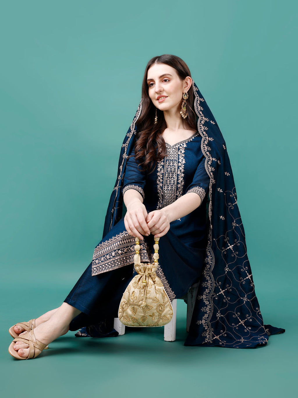 Sequined Embroidered Straight Kurta With Trousers & With Embroidered Dupatta Premium Luxury, Multicolor - Hiral Fashion | Grocsy