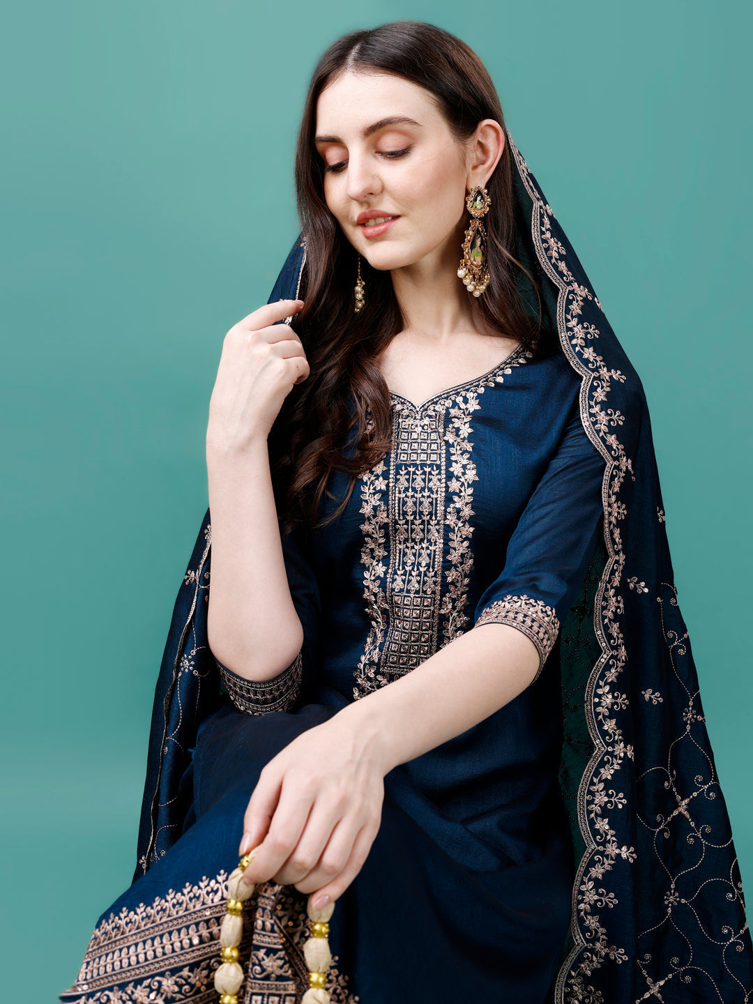 Sequined Embroidered Straight Kurta With Trousers & With Embroidered Dupatta Premium Luxury, Multicolor - Hiral Fashion | Grocsy