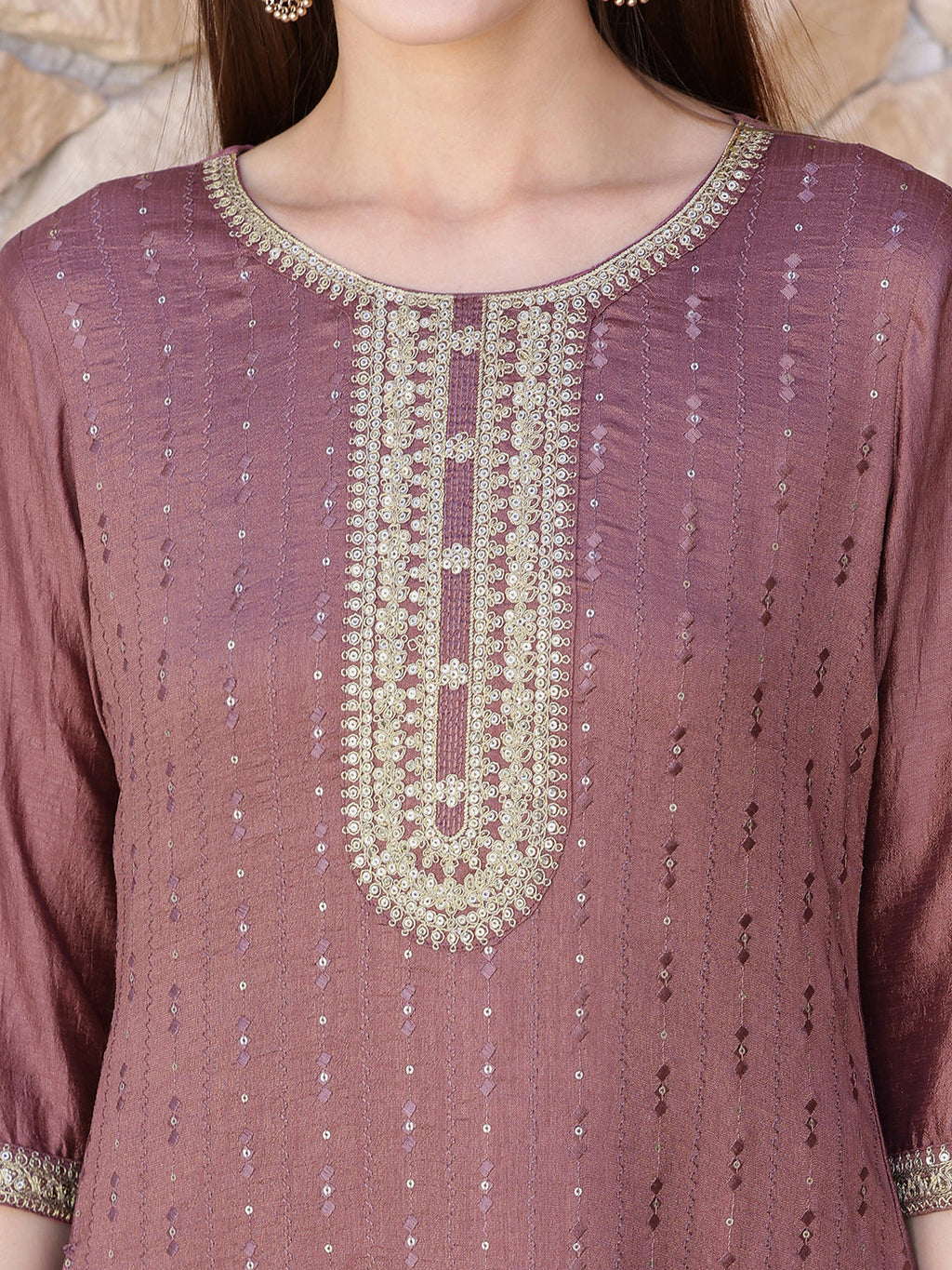 Sequined Embroidered Silk Blend Kurta With Pant & Embroidered Dupatta, Mauve - Hiral Fashion | Grocsy