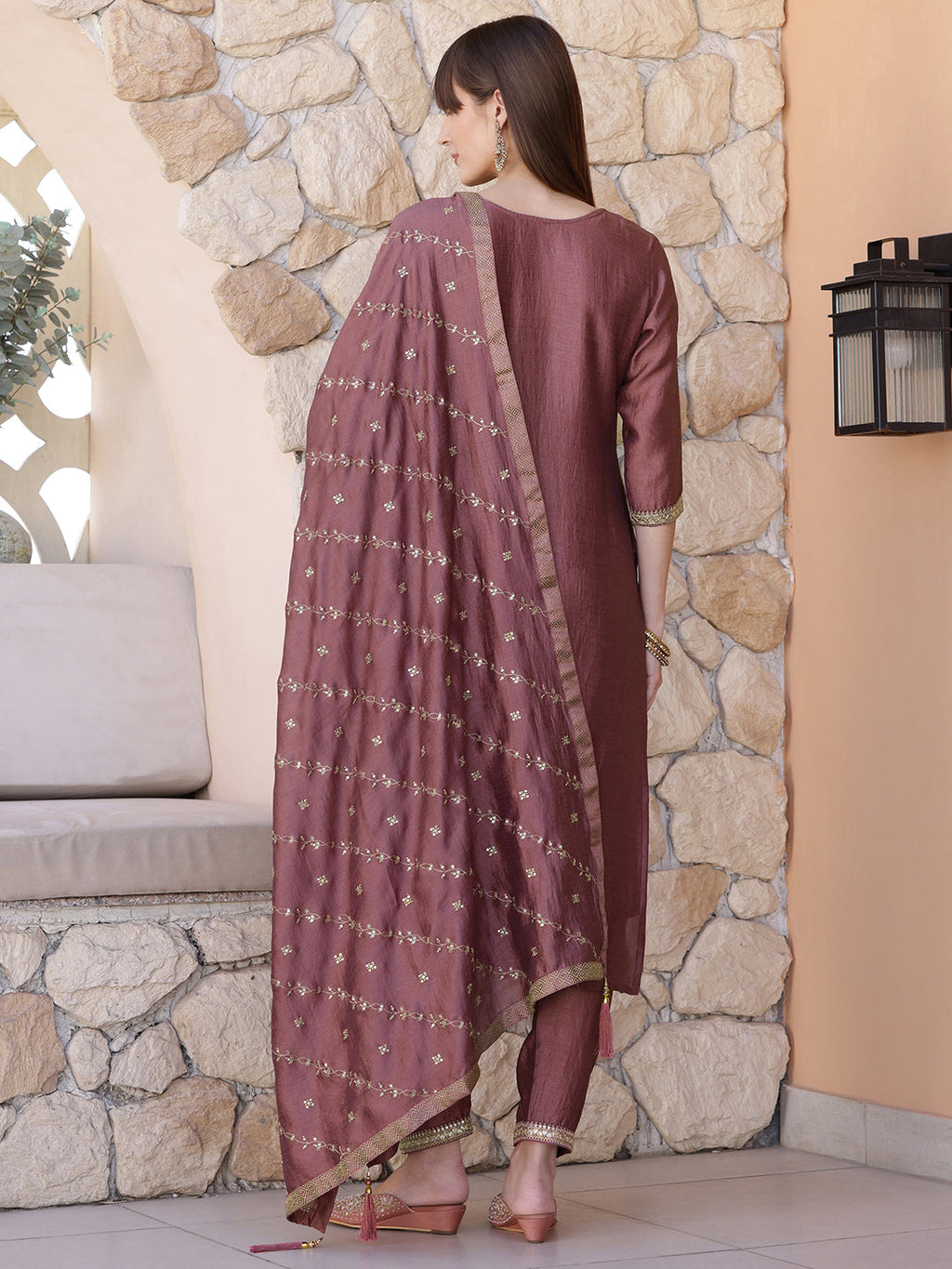 Sequined Embroidered Silk Blend Kurta With Pant & Embroidered Dupatta, Mauve - Hiral Fashion | Grocsy