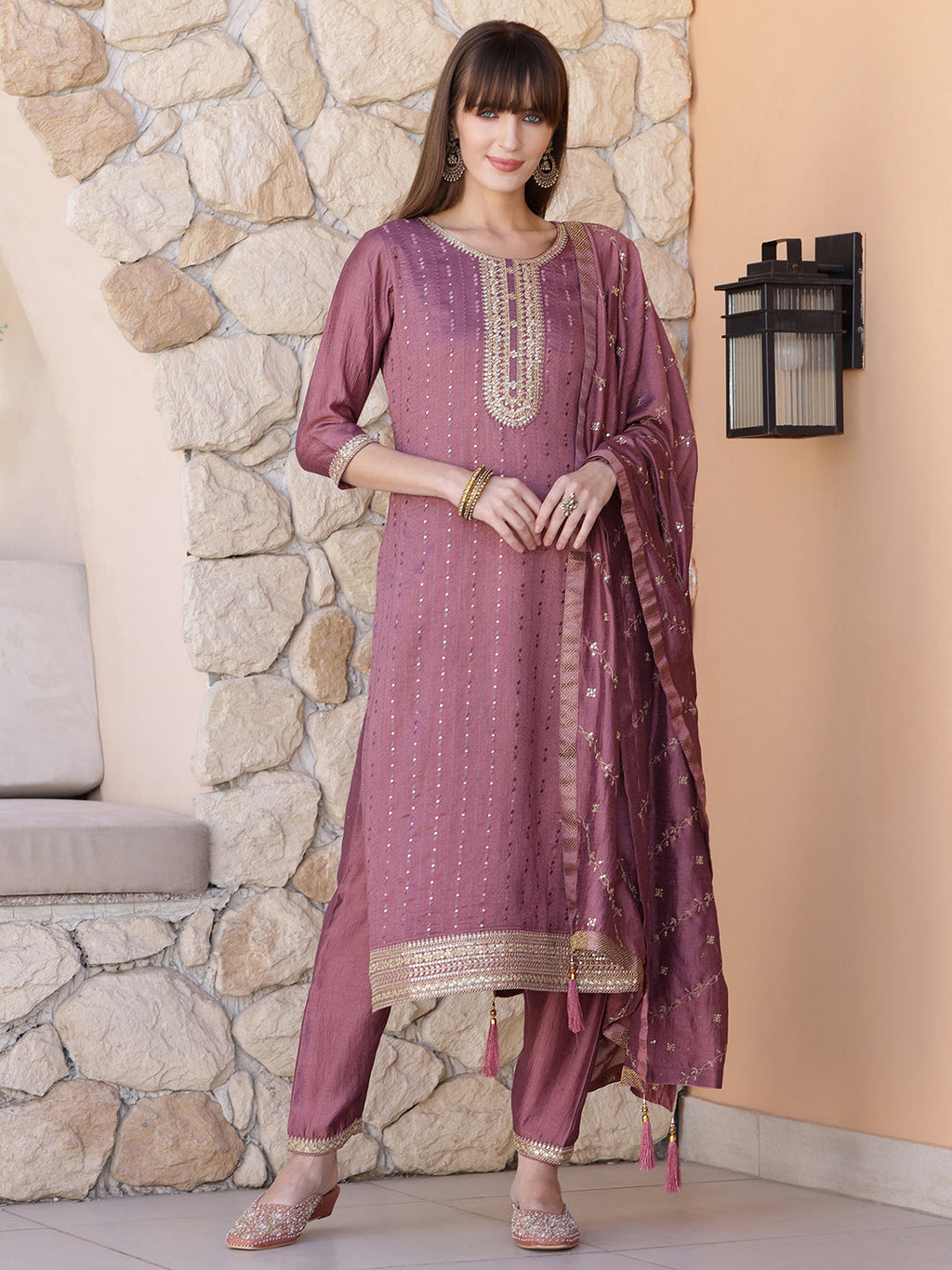 Sequined Embroidered Silk Blend Kurta With Pant & Embroidered Dupatta, Mauve - Hiral Fashion | Grocsy