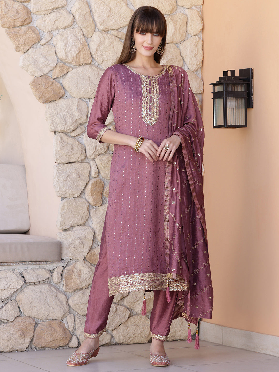 Sequined Embroidered Silk Blend Kurta With Pant & Embroidered Dupatta, Mauve - Hiral Fashion | Grocsy
