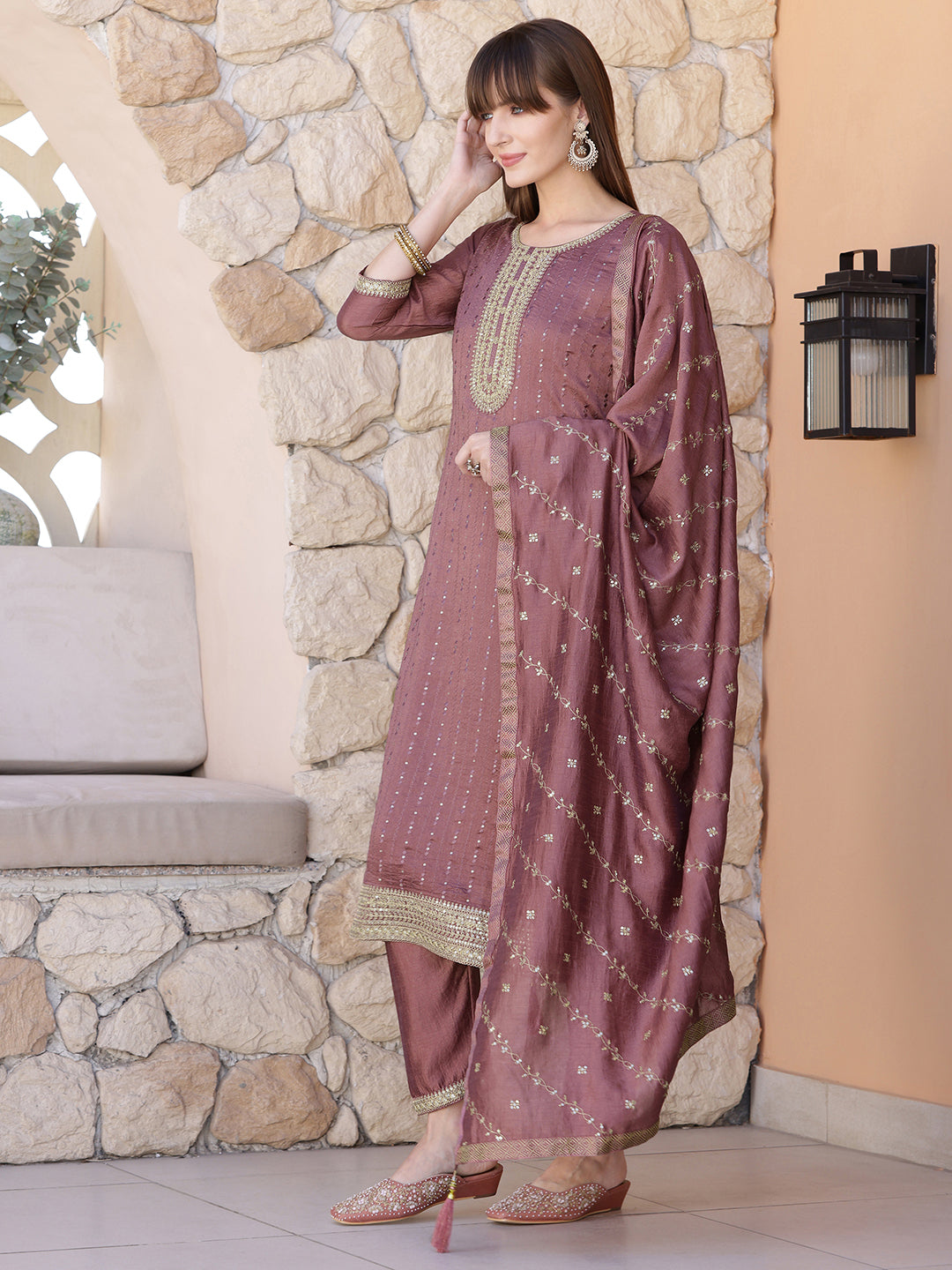 Sequined Embroidered Silk Blend Kurta With Pant & Embroidered Dupatta, Mauve - Hiral Fashion | Grocsy
