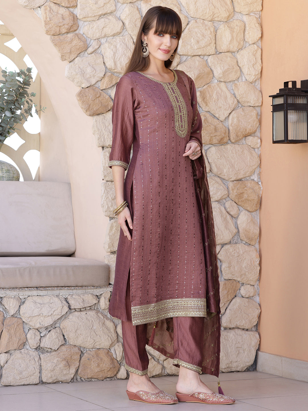 Sequined Embroidered Silk Blend Kurta With Pant & Embroidered Dupatta, Mauve - Hiral Fashion | Grocsy