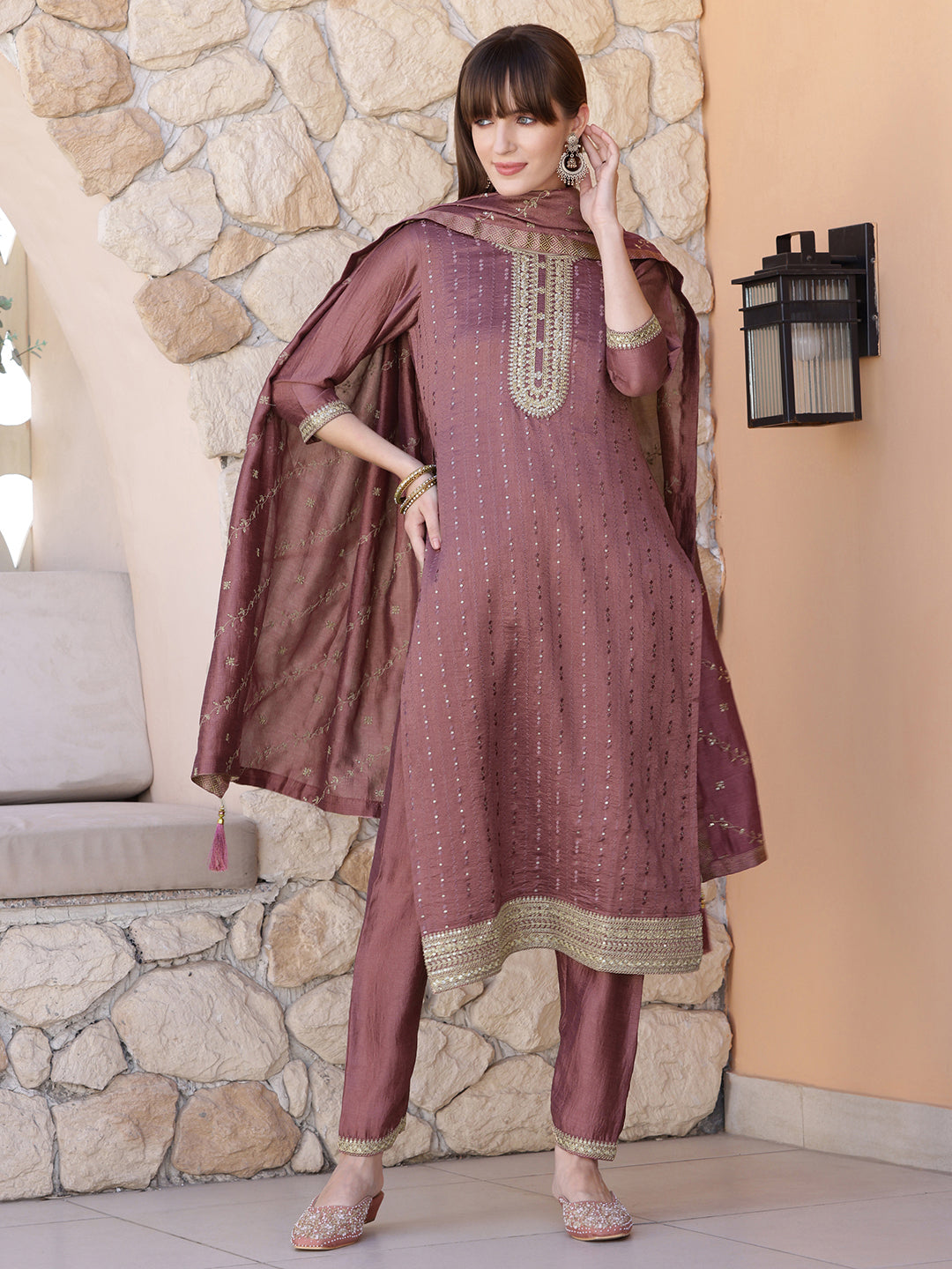 Sequined Embroidered Silk Blend Kurta With Pant & Embroidered Dupatta, Mauve - Hiral Fashion | Grocsy