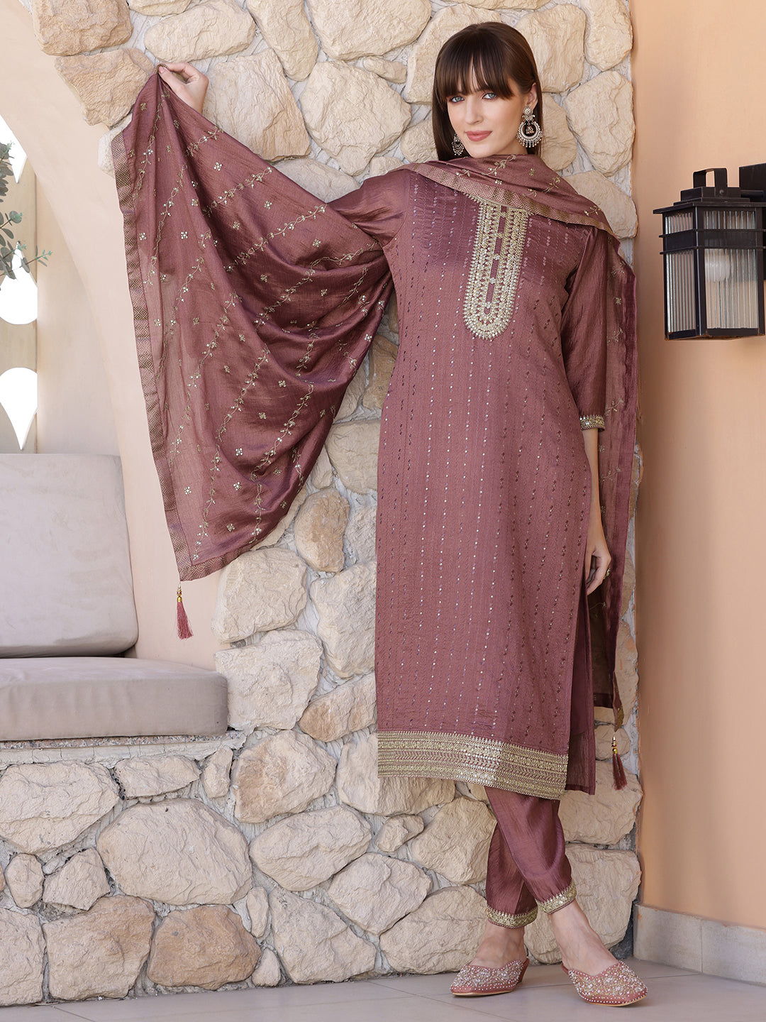 Sequined Embroidered Silk Blend Kurta With Pant & Embroidered Dupatta, Mauve - Hiral Fashion | Grocsy