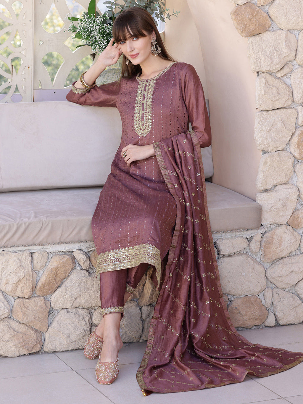 Sequined Embroidered Silk Blend Kurta With Pant & Embroidered Dupatta, Mauve - Hiral Fashion | Grocsy