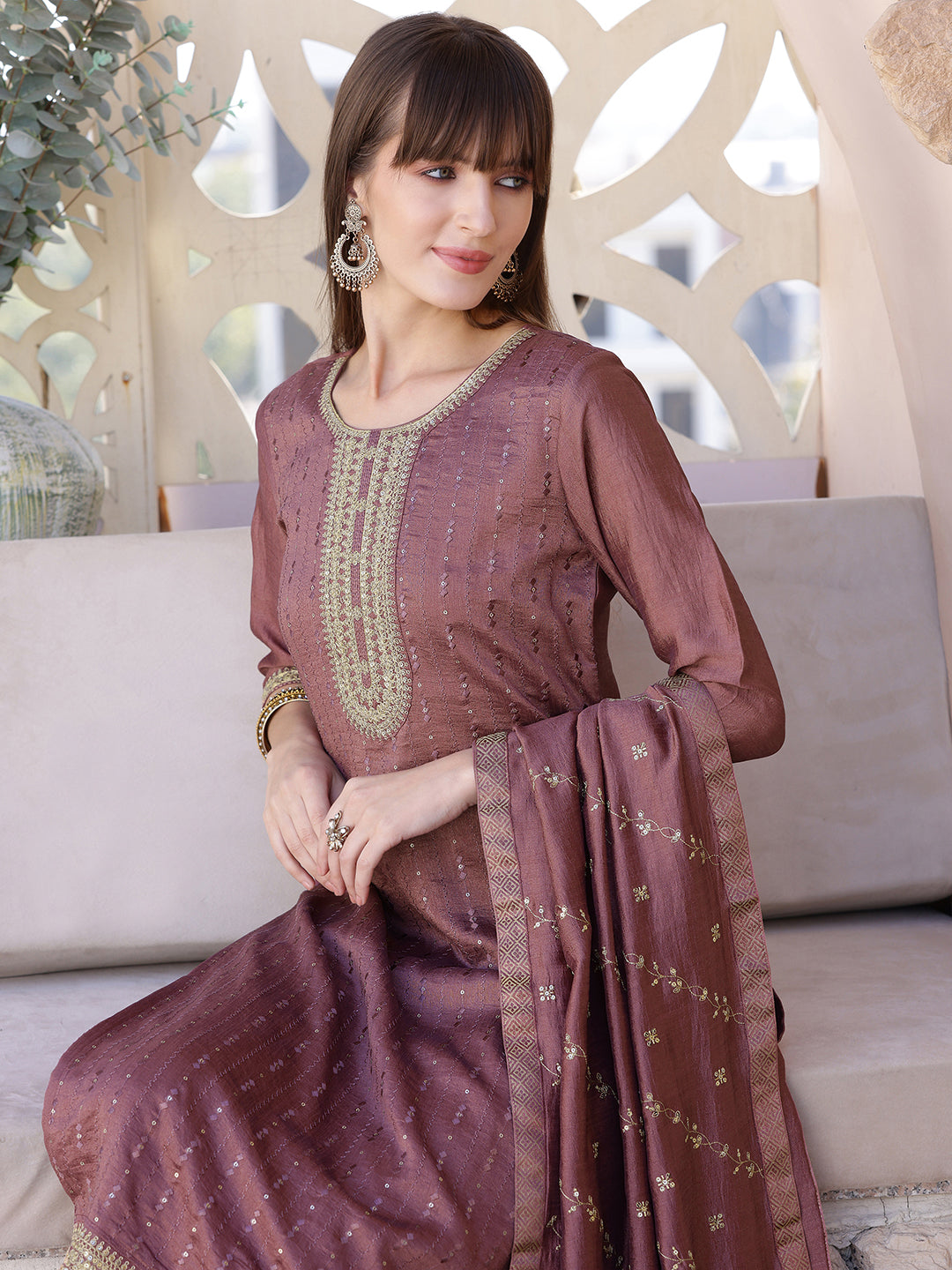Sequined Embroidered Silk Blend Kurta With Pant & Embroidered Dupatta, Mauve - Hiral Fashion | Grocsy