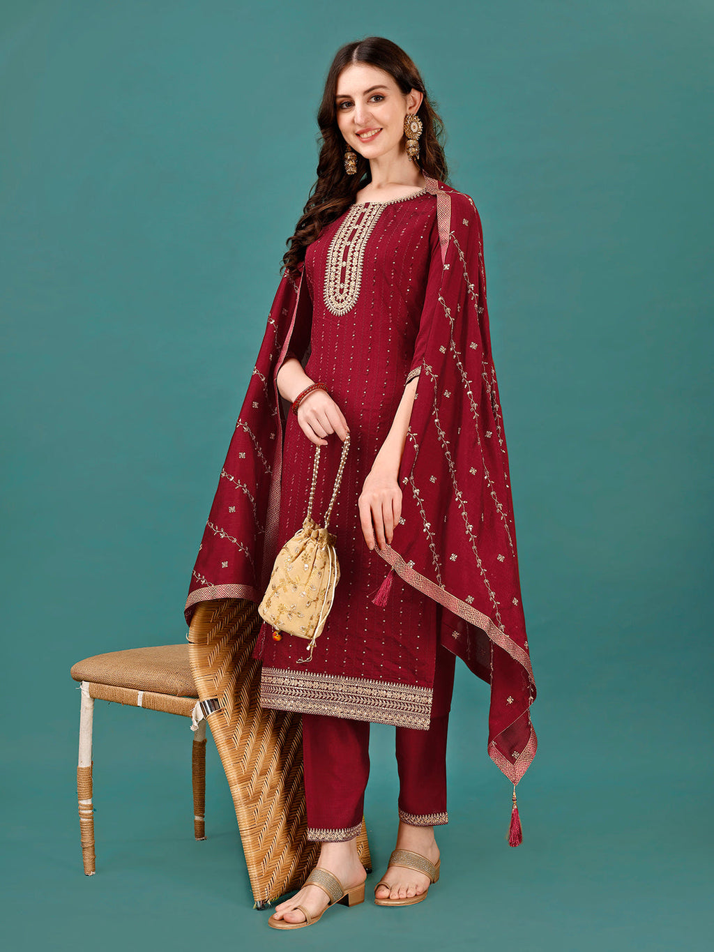 Sequined Embroidered Straight Kurta With Trousers & With Embroidered Dupatta Premium, Multicolor - Hiral Fashion | Grocsy