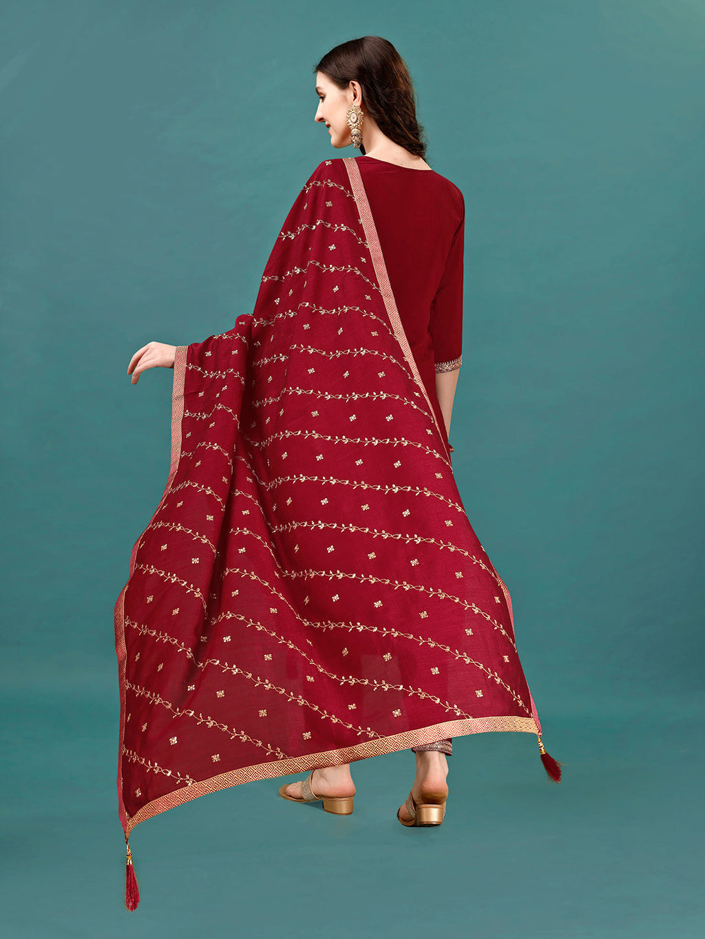 Sequined Embroidered Straight Kurta With Trousers & With Embroidered Dupatta Premium, Multicolor - Hiral Fashion | Grocsy
