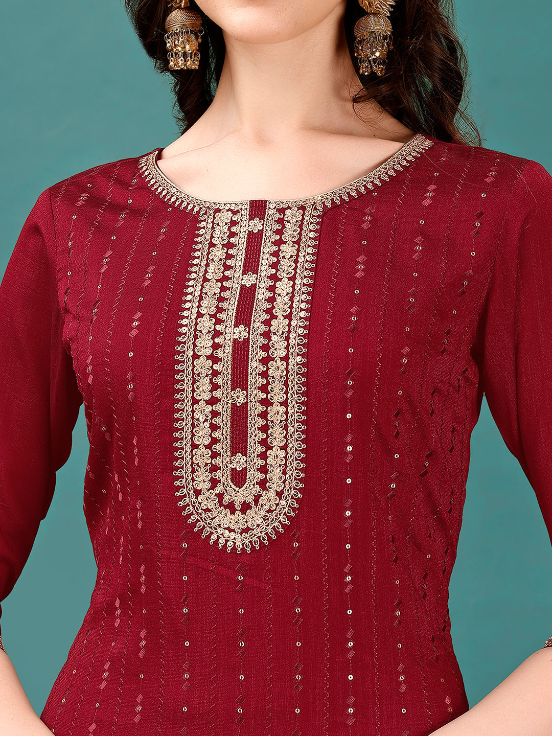Sequined Embroidered Straight Kurta With Trousers & With Embroidered Dupatta Premium, Multicolor - Hiral Fashion | Grocsy