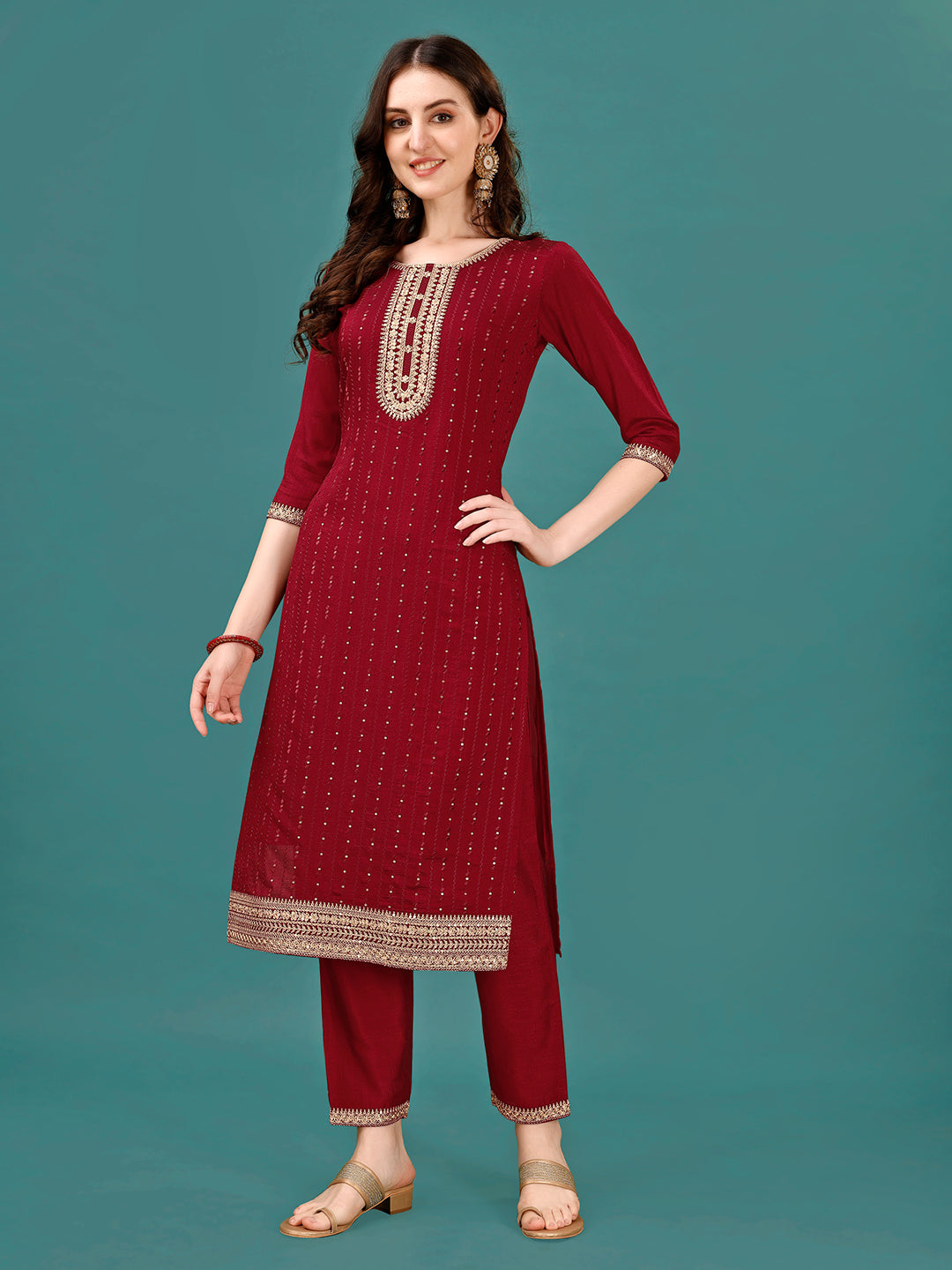 Sequined Embroidered Straight Kurta With Trousers & With Embroidered Dupatta Premium, Multicolor - Hiral Fashion | Grocsy