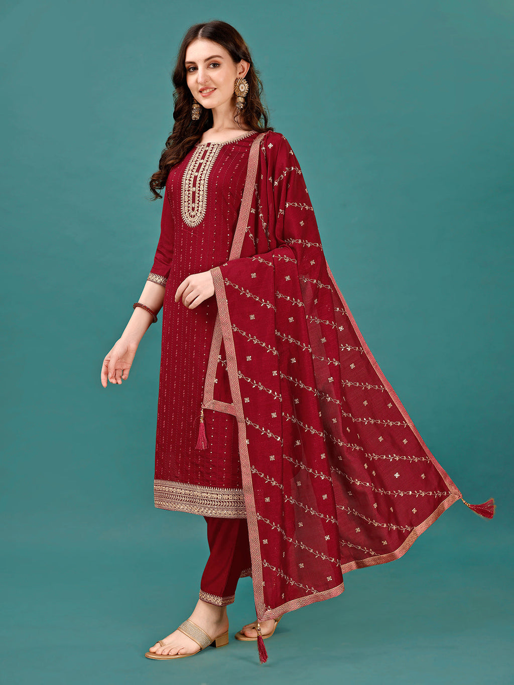Sequined Embroidered Straight Kurta With Trousers & With Embroidered Dupatta Premium, Multicolor - Hiral Fashion | Grocsy