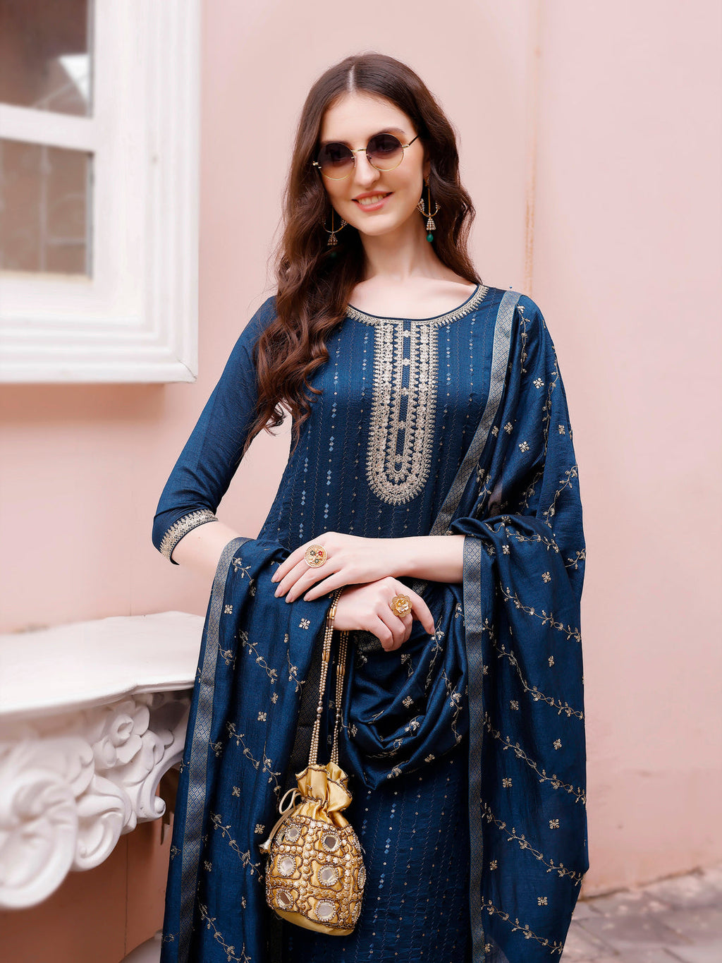 Sequined Embroidered Kurta With Pant & Embroidered Dupatta Premium Luxury, Multicolor - Hiral Fashion | Grocsy