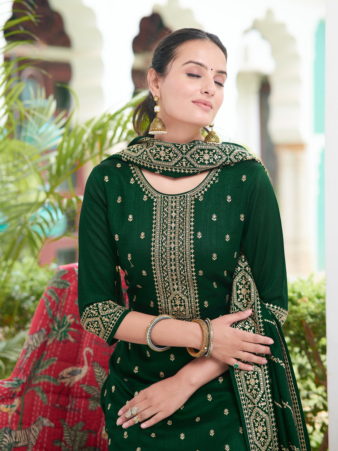 Embroidered Kurta With Pant & Embroidered Dupatta, Bottle-Green - Hiral Fashion | Grocsy
