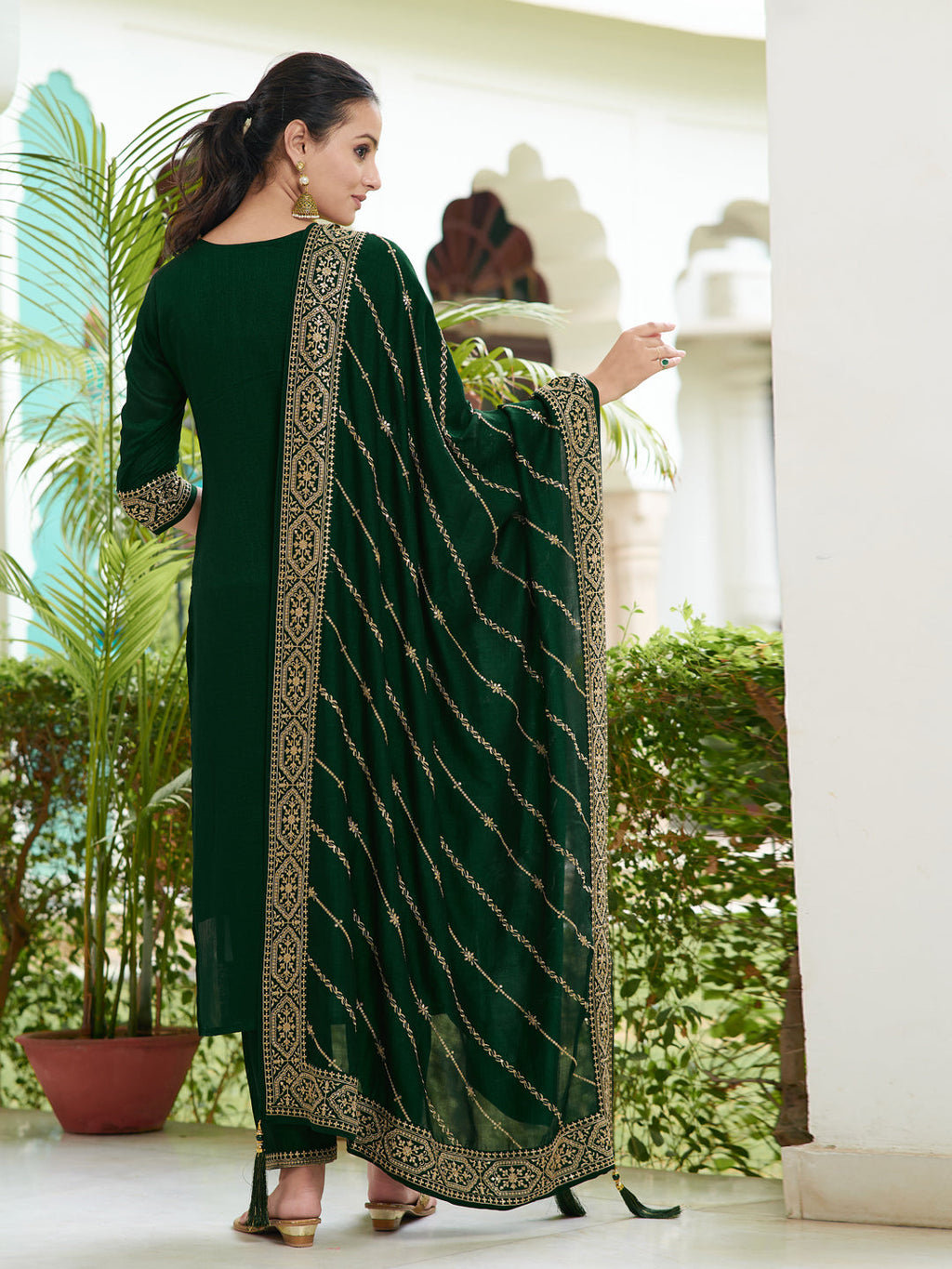 Embroidered Kurta With Pant & Embroidered Dupatta, Bottle-Green - Hiral Fashion | Grocsy