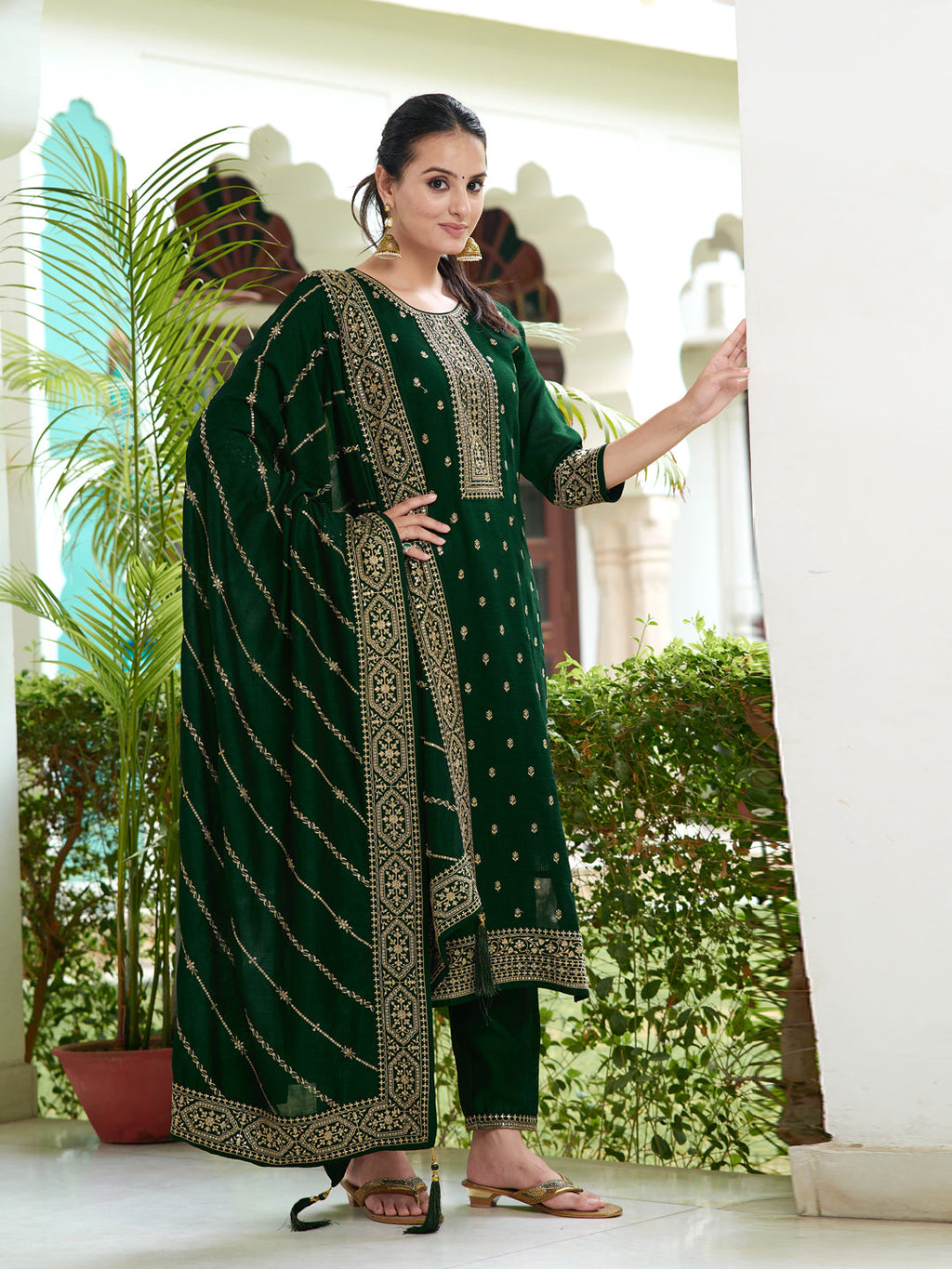 Embroidered Kurta With Pant & Embroidered Dupatta, Bottle-Green - Hiral Fashion | Grocsy