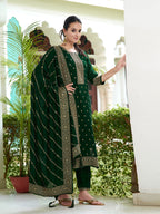 Embroidered Kurta With Pant & Embroidered Dupatta, Bottle-Green - Hiral Fashion | Grocsy
