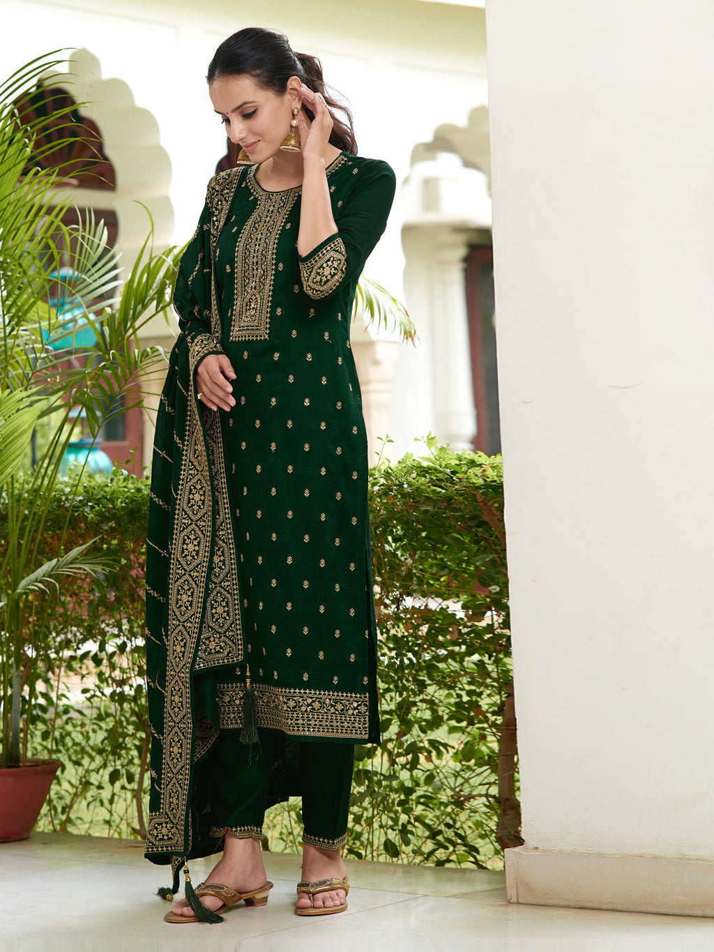 Embroidered Kurta With Pant & Embroidered Dupatta, Bottle-Green - Hiral Fashion | Grocsy