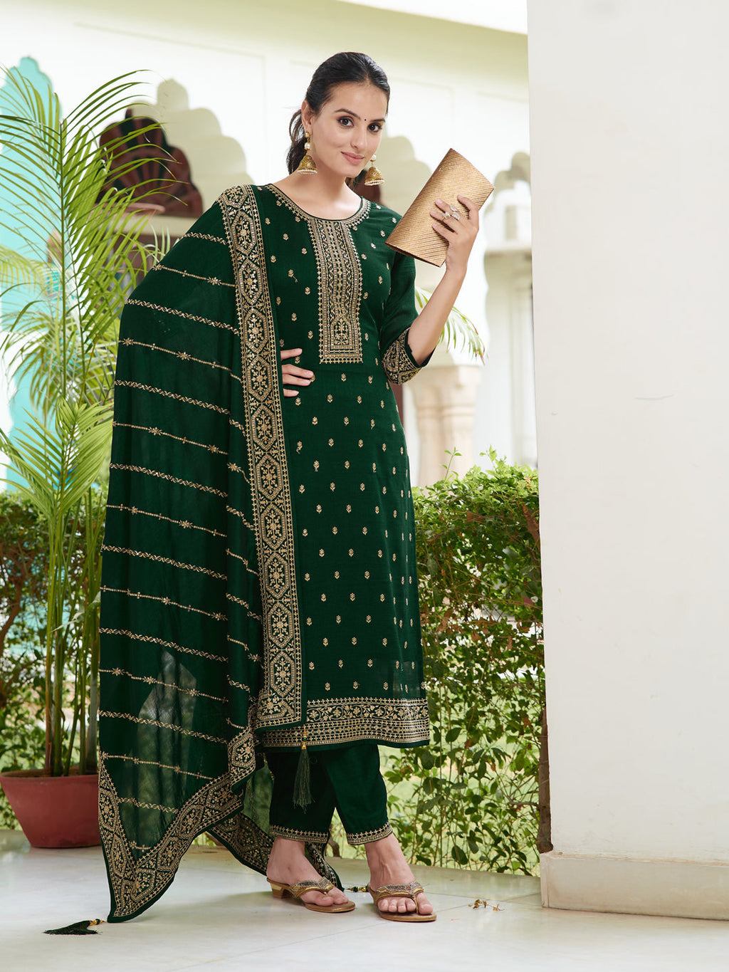 Embroidered Kurta With Pant & Embroidered Dupatta, Bottle-Green - Hiral Fashion | Grocsy