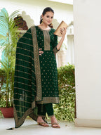Embroidered Kurta With Pant & Embroidered Dupatta, Bottle-Green - Hiral Fashion | Grocsy