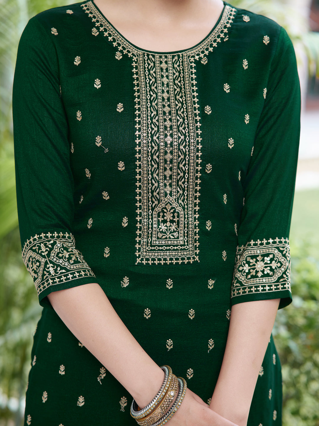 Embroidered Kurta With Pant & Embroidered Dupatta, Bottle-Green - Hiral Fashion | Grocsy