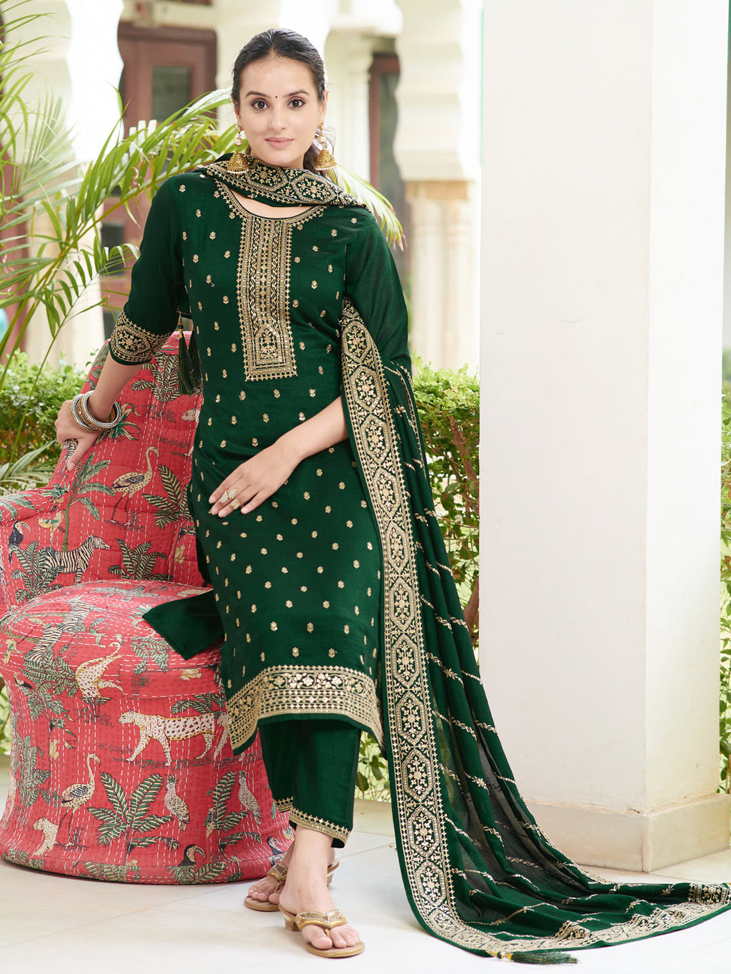 Embroidered Kurta With Pant & Embroidered Dupatta, Bottle-Green - Hiral Fashion | Grocsy