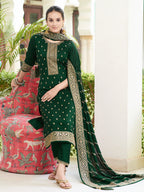 Embroidered Kurta With Pant & Embroidered Dupatta, Bottle-Green - Hiral Fashion | Grocsy
