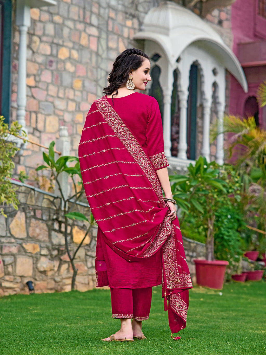 Embroidered Kurta With Pant & Embroidered Dupatta, Pink - Hiral Fashion | Grocsy