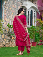 Embroidered Kurta With Pant & Embroidered Dupatta, Pink - Hiral Fashion | Grocsy