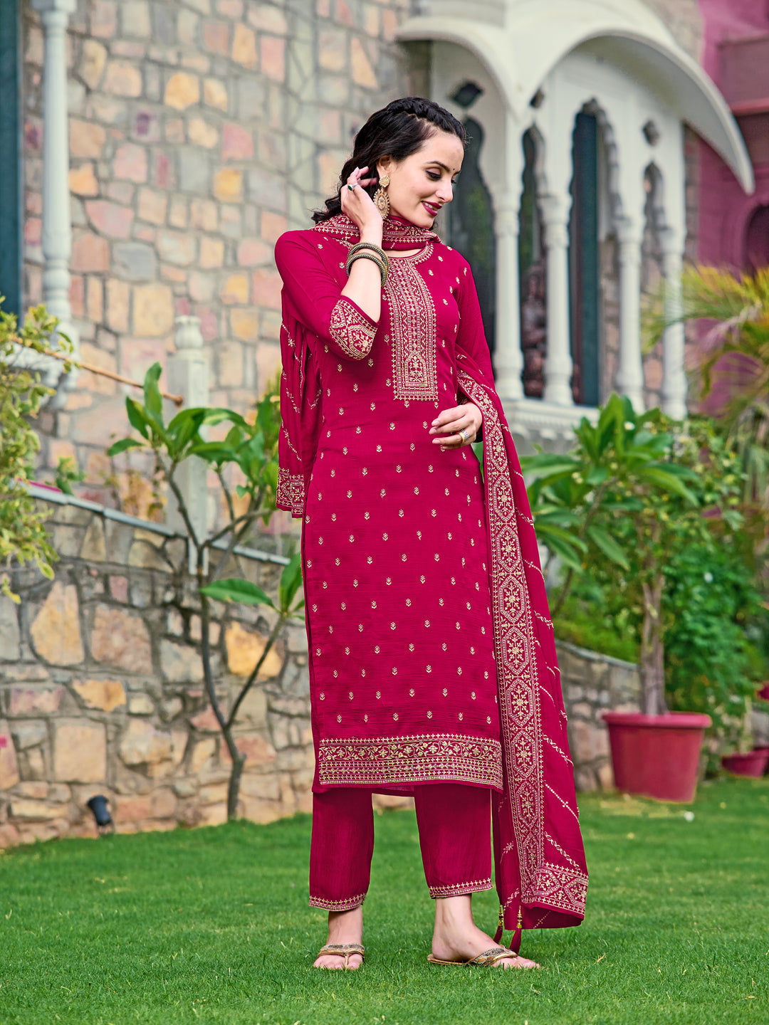 Embroidered Kurta With Pant & Embroidered Dupatta, Pink - Hiral Fashion | Grocsy