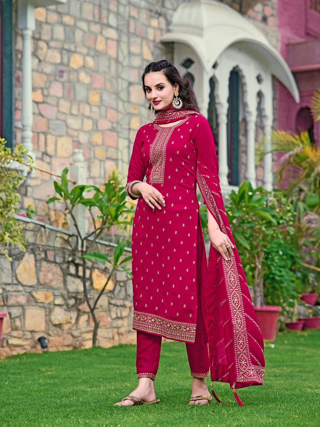 Embroidered Kurta With Pant & Embroidered Dupatta, Pink - Hiral Fashion | Grocsy