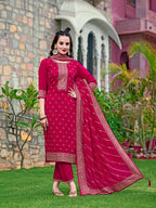 Embroidered Kurta With Pant & Embroidered Dupatta, Pink - Hiral Fashion | Grocsy