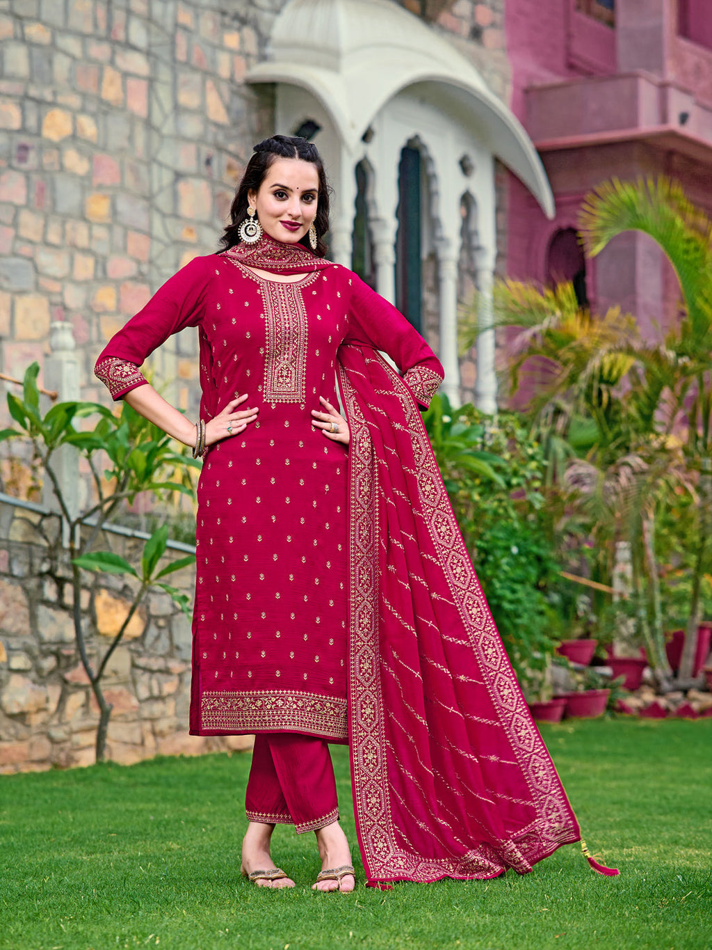 Embroidered Kurta With Pant & Embroidered Dupatta, Pink - Hiral Fashion | Grocsy
