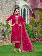 Embroidered Kurta With Pant & Embroidered Dupatta, Pink - Hiral Fashion | Grocsy