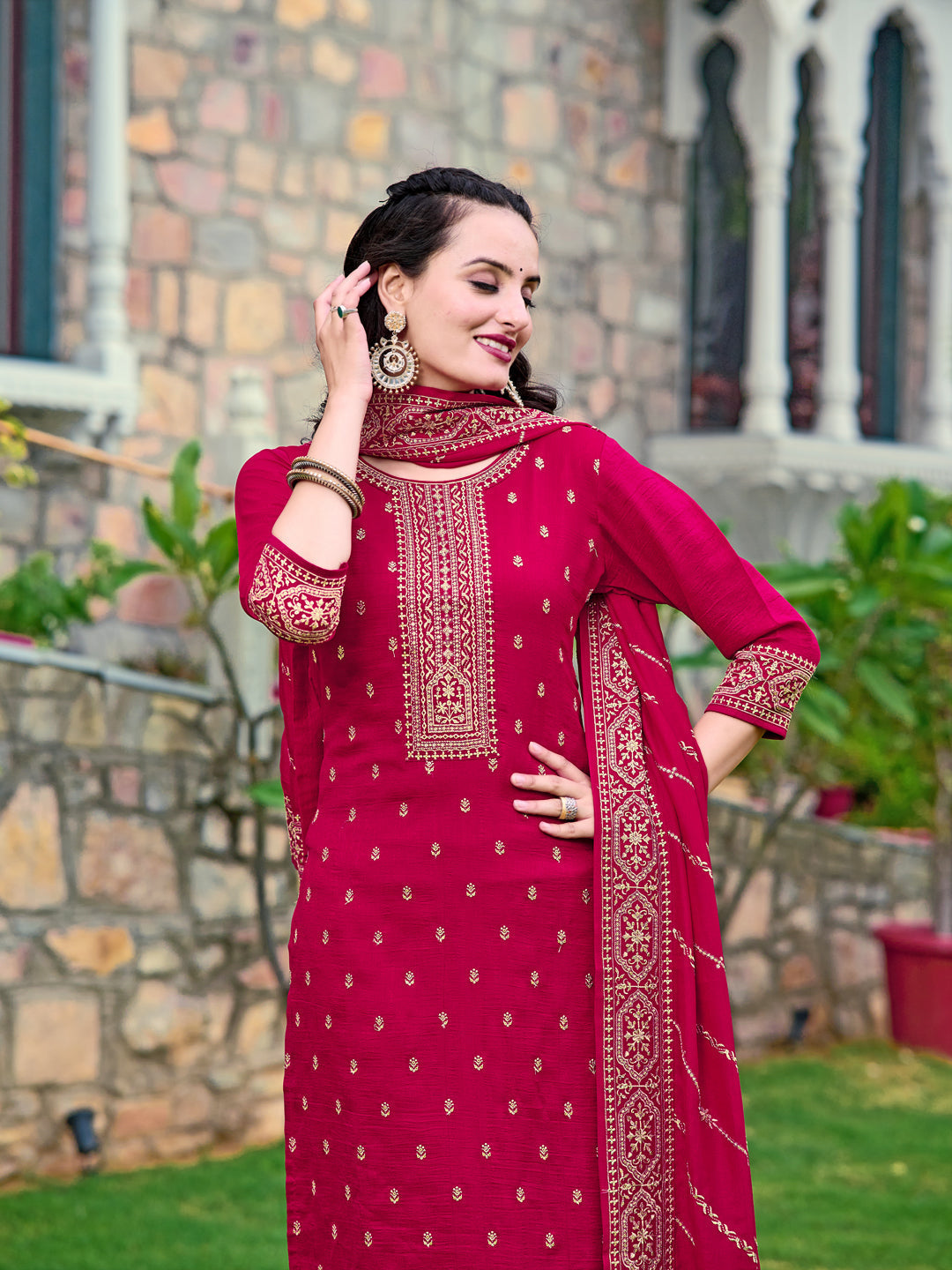 Embroidered Kurta With Pant & Embroidered Dupatta, Pink - Hiral Fashion | Grocsy