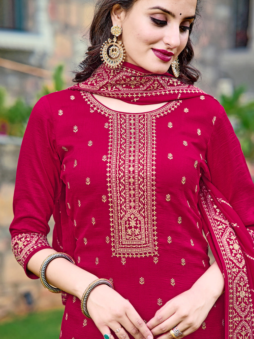 Embroidered Kurta With Pant & Embroidered Dupatta, Pink - Hiral Fashion | Grocsy