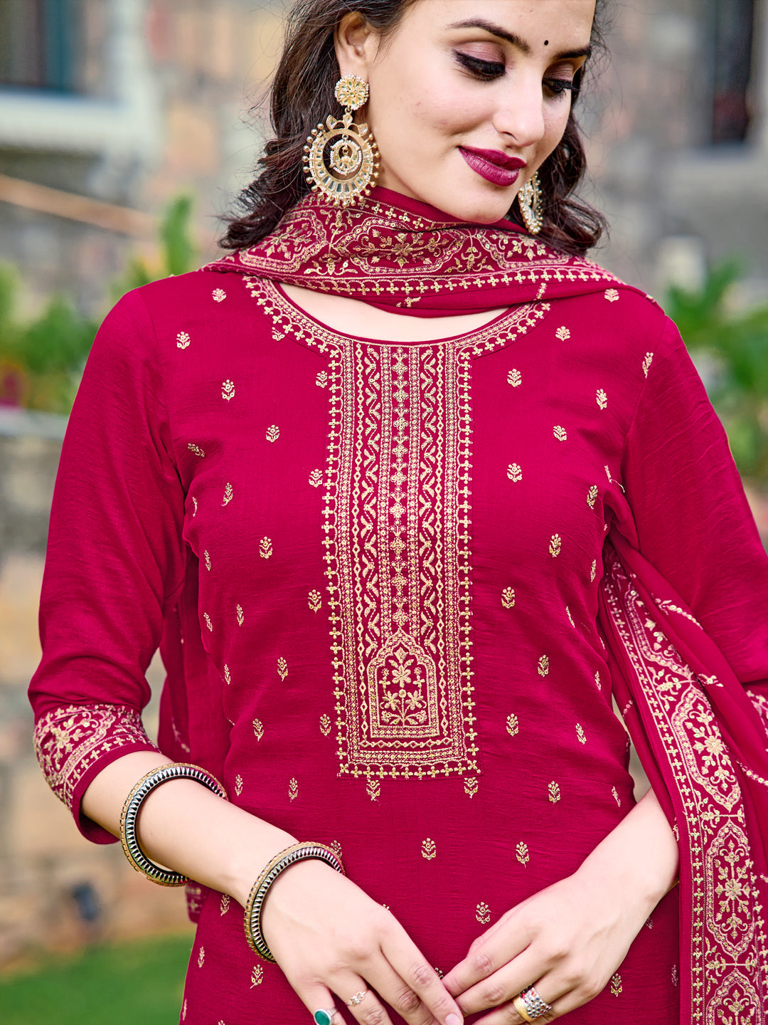 Embroidered Kurta With Pant & Embroidered Dupatta, Pink - Hiral Fashion | Grocsy